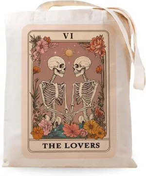 SUNFYCN The Lovers Skeleton Couple Canvas Tote Bag, Book Lovers Librarian Gifts for Women Reusable Grocery Shopping Bag