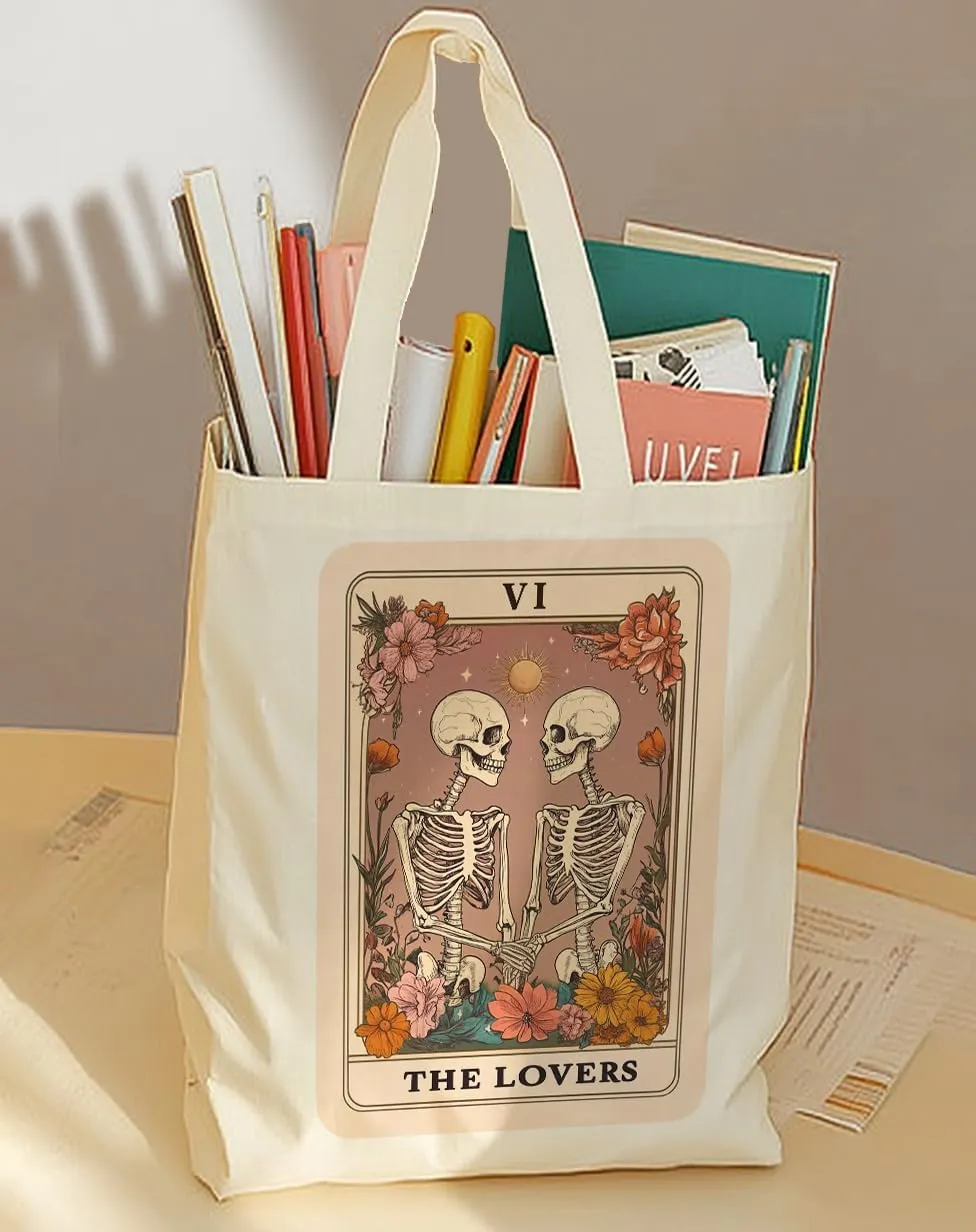 SUNFYCN The Lovers Skeleton Couple Canvas Tote Bag, Book Lovers Librarian Gifts for Women Reusable Grocery Shopping Bag