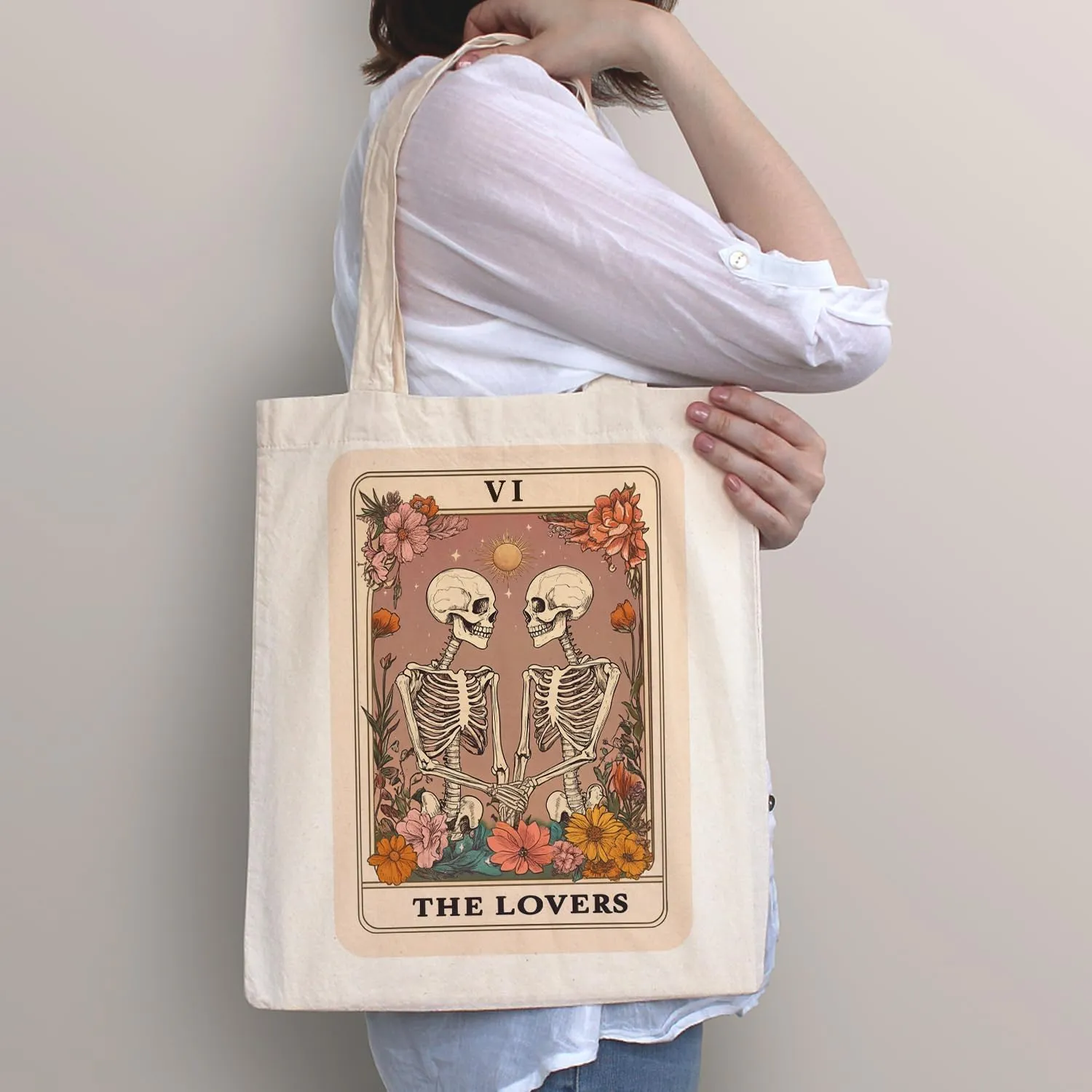 SUNFYCN The Lovers Skeleton Couple Canvas Tote Bag, Book Lovers Librarian Gifts for Women Reusable Grocery Shopping Bag
