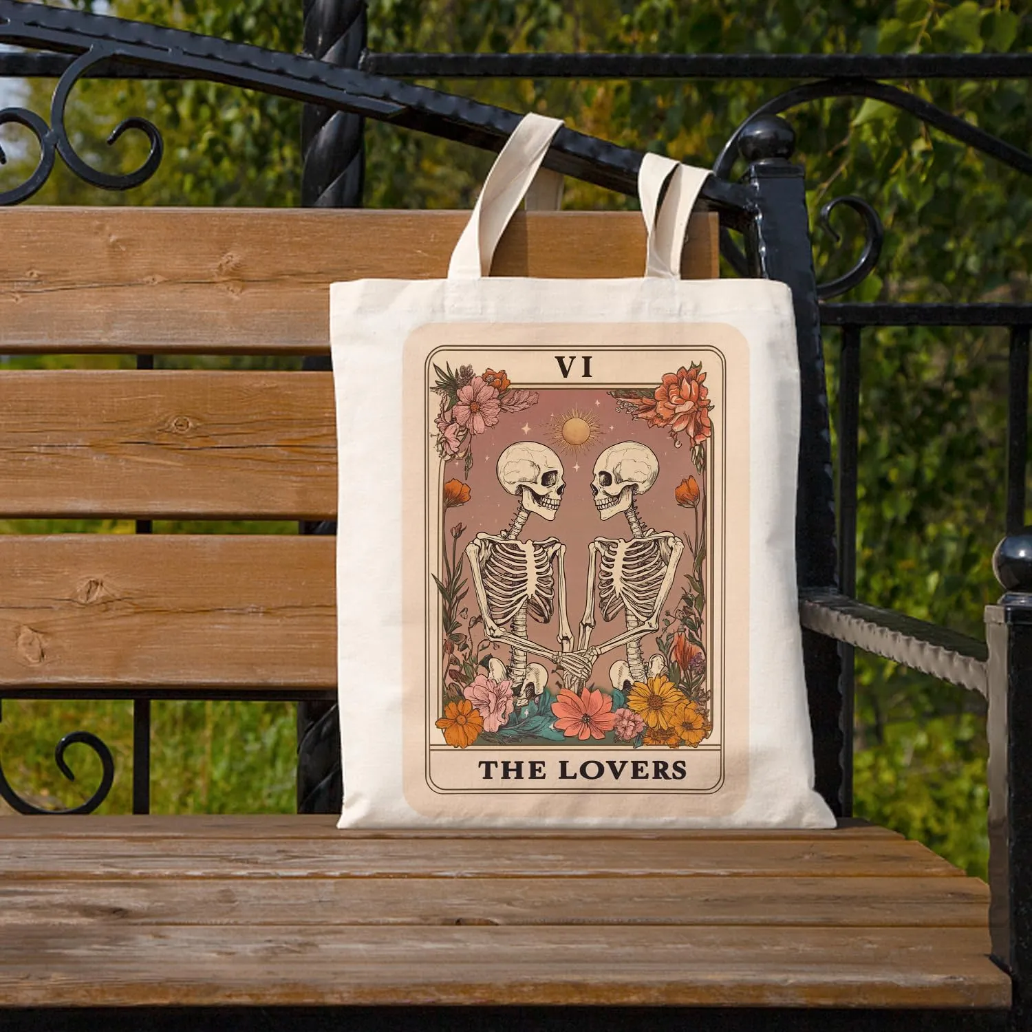 SUNFYCN The Lovers Skeleton Couple Canvas Tote Bag, Book Lovers Librarian Gifts for Women Reusable Grocery Shopping Bag