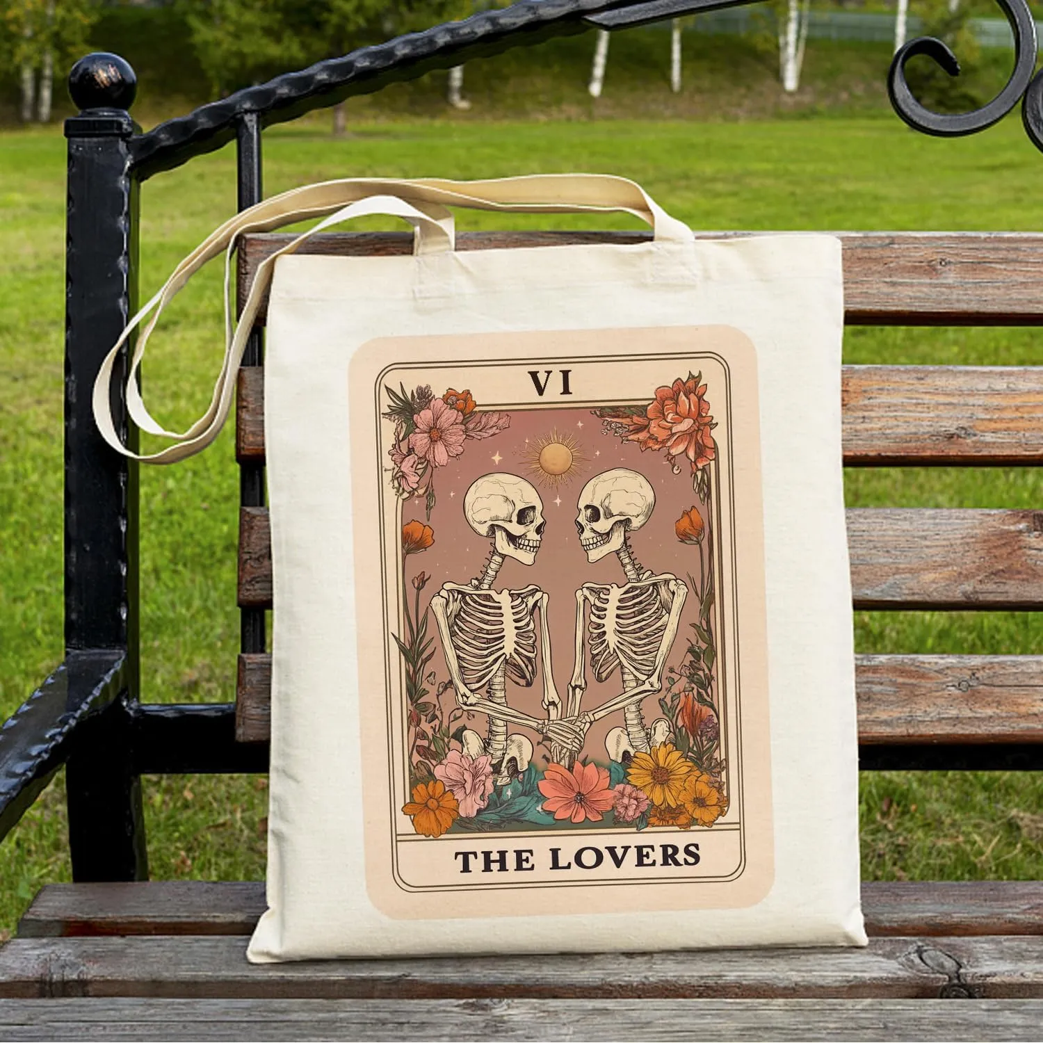 SUNFYCN The Lovers Skeleton Couple Canvas Tote Bag, Book Lovers Librarian Gifts for Women Reusable Grocery Shopping Bag