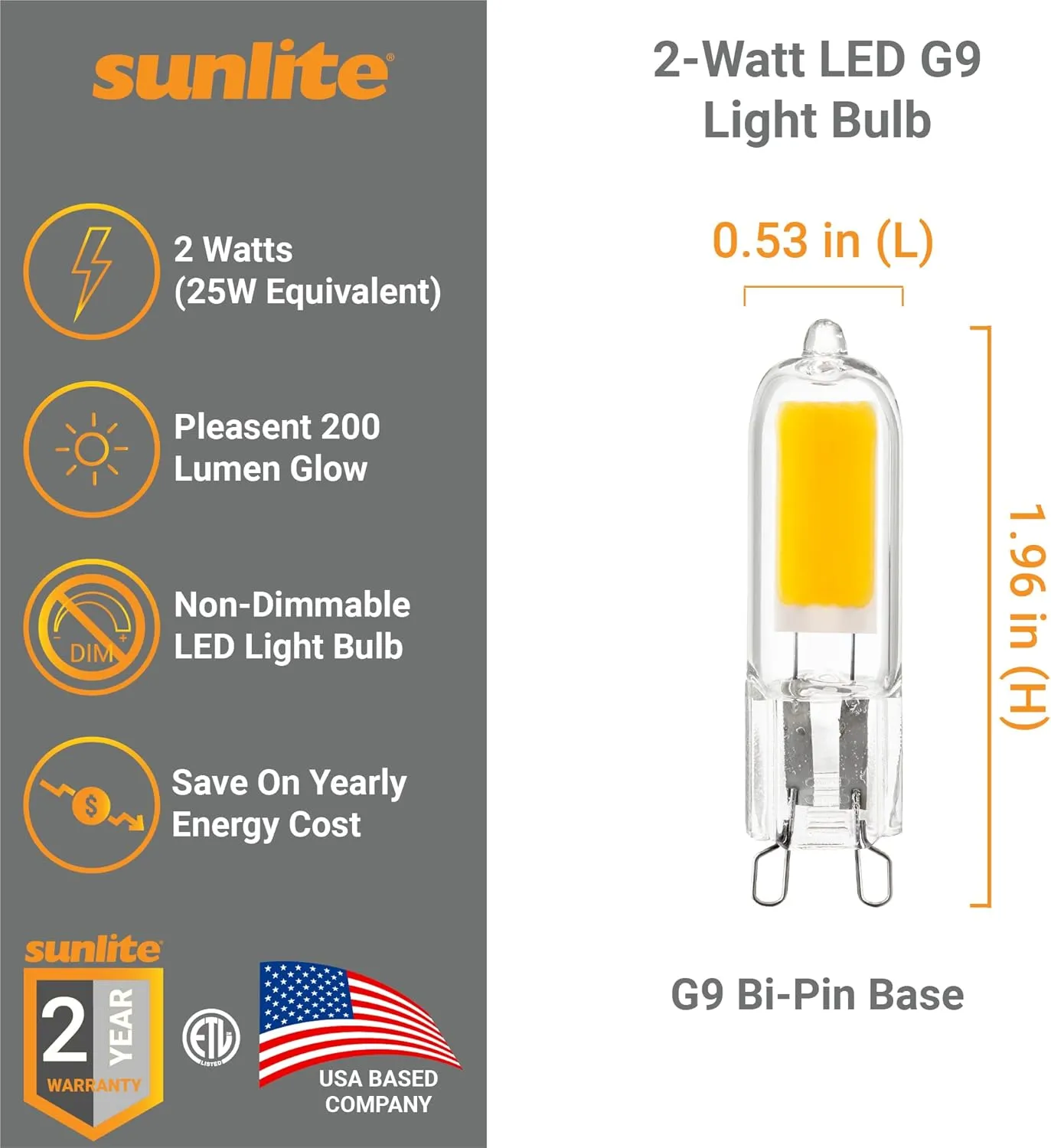 Sunlite LED G9 Bi-Pin Base Light Bulb, 2 Watt (25W Halogen Equivalent), 200 Lumen, Non-Dimmable, 5000K Daylight, 6 Pack