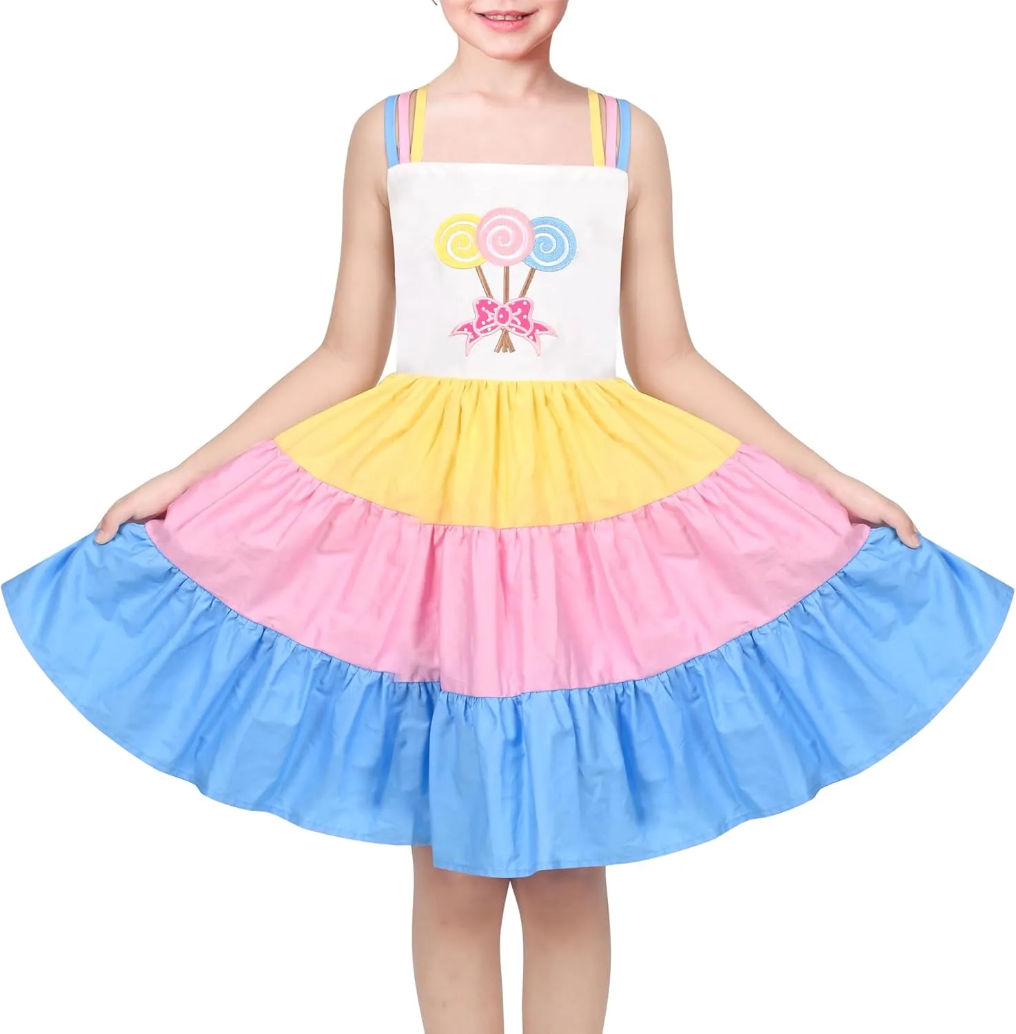 Sunny Fashion Girls Dress Ice Cream Rainbow Striped Suspender Sleeveless