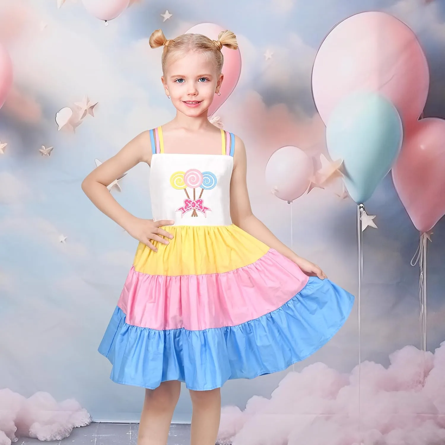Sunny Fashion Girls Dress Ice Cream Rainbow Striped Suspender Sleeveless