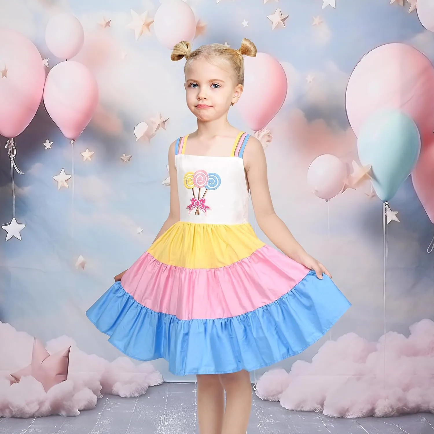Sunny Fashion Girls Dress Ice Cream Rainbow Striped Suspender Sleeveless