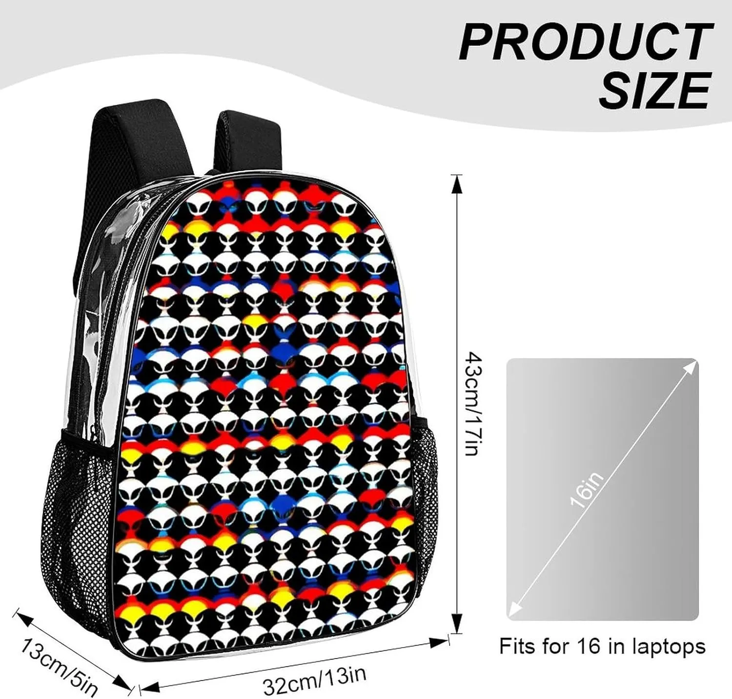Supdreamc Adults Lightweight Cool Trippy Aliens Pattern Shoulder Book Bags Big Capacity Shoulder Bag Transparent Bag for Trekking Work Walking Cycling