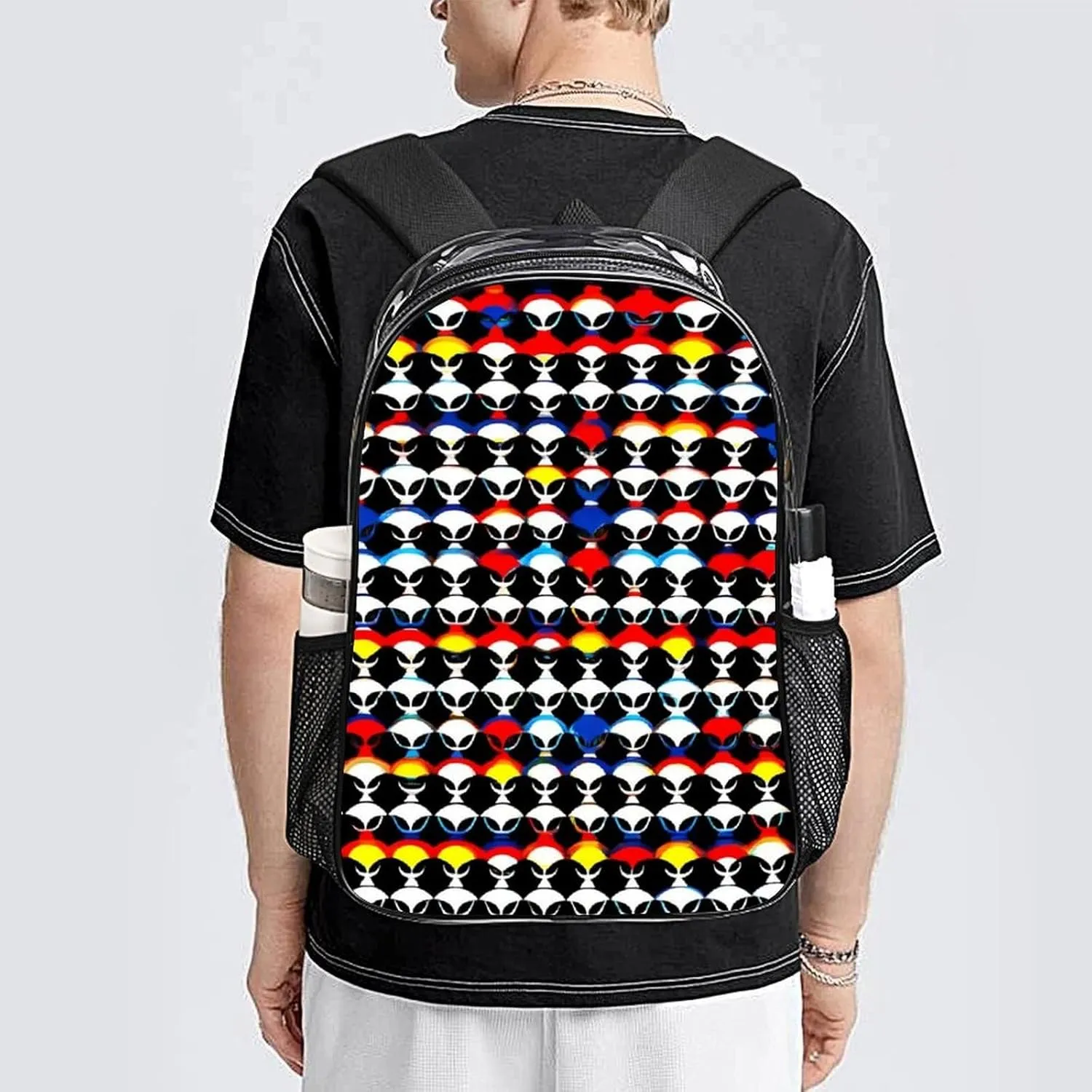Supdreamc Adults Lightweight Cool Trippy Aliens Pattern Shoulder Book Bags Big Capacity Shoulder Bag Transparent Bag for Trekking Work Walking Cycling