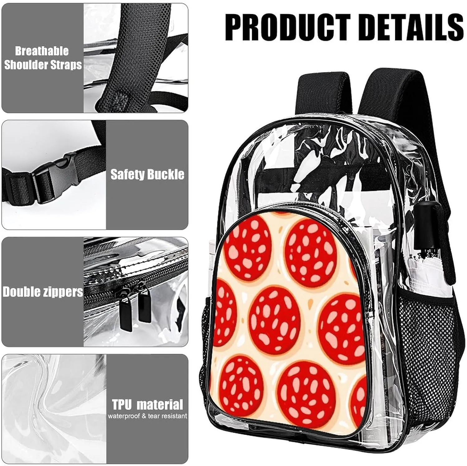 Supdreamc Lightweight Daypack Bookbag for Trekking Business Walking Cycling - Big Capacity Transparent Multipurpose Carry On Bag, Pepperoni Pizza Art Business Computer Bag