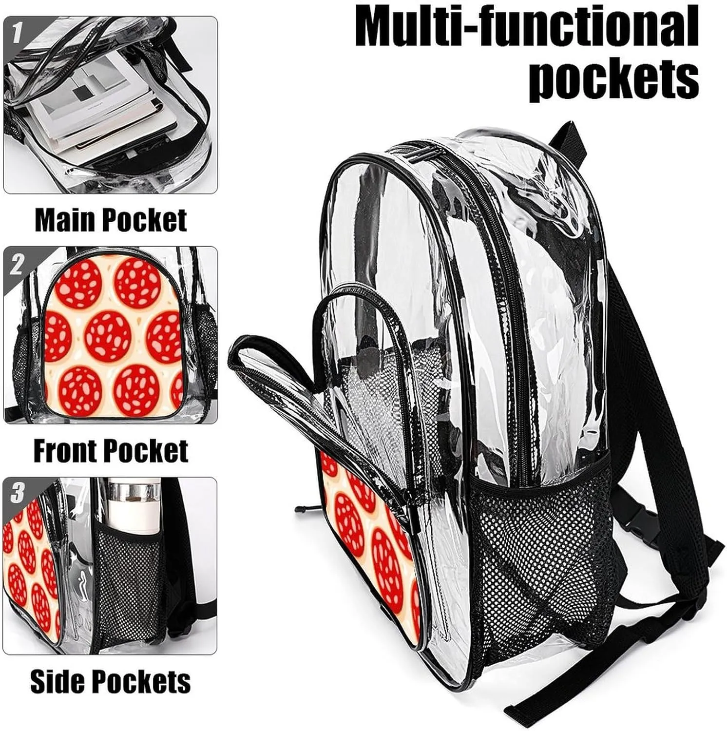 Supdreamc Lightweight Daypack Bookbag for Trekking Business Walking Cycling - Big Capacity Transparent Multipurpose Carry On Bag, Pepperoni Pizza Art Business Computer Bag