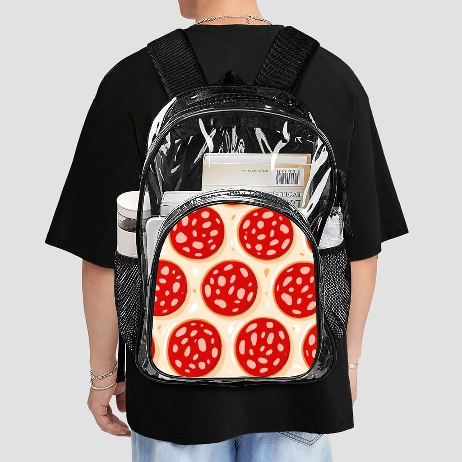Supdreamc Lightweight Daypack Bookbag for Trekking Business Walking Cycling - Big Capacity Transparent Multipurpose Carry On Bag, Pepperoni Pizza Art Business Computer Bag