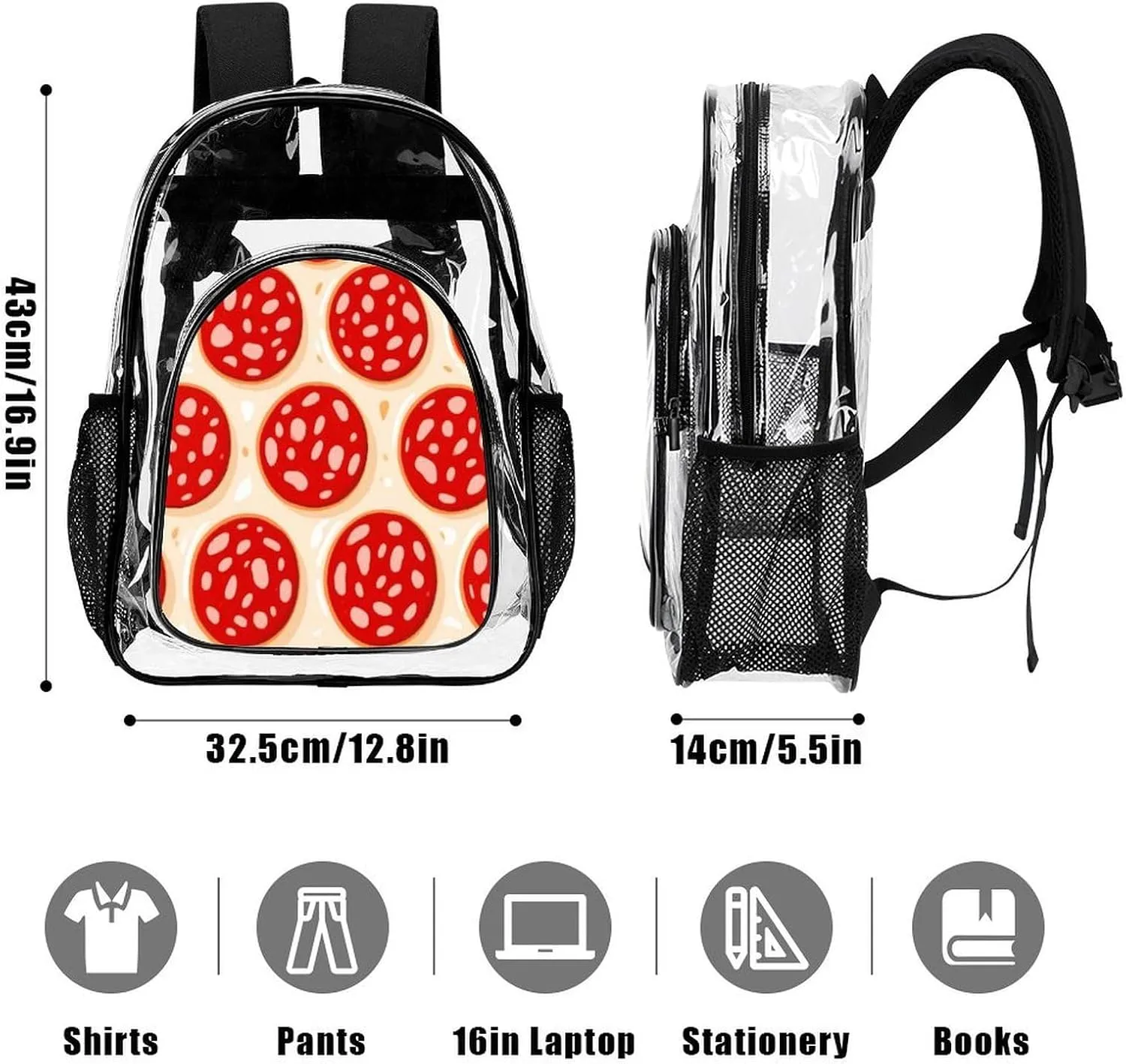 Supdreamc Lightweight Daypack Bookbag for Trekking Business Walking Cycling - Big Capacity Transparent Multipurpose Carry On Bag, Pepperoni Pizza Art Business Computer Bag
