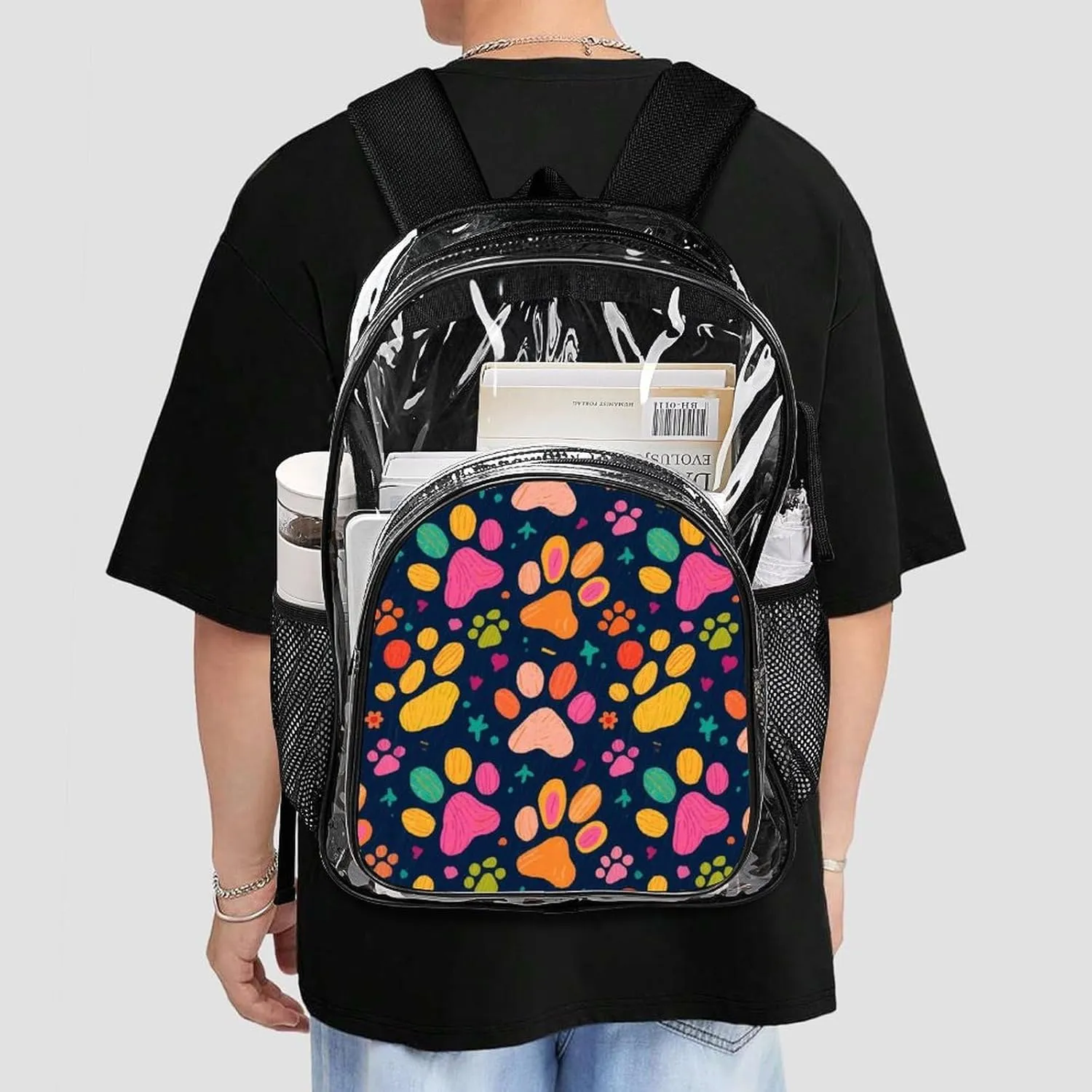 Supdreamc Men Women Lightweight Colorful Dog Bones Paw Prints Daypack Bookbag Big Capacity Carry On Bag Transparent Bag for Camping Travel Bicycle