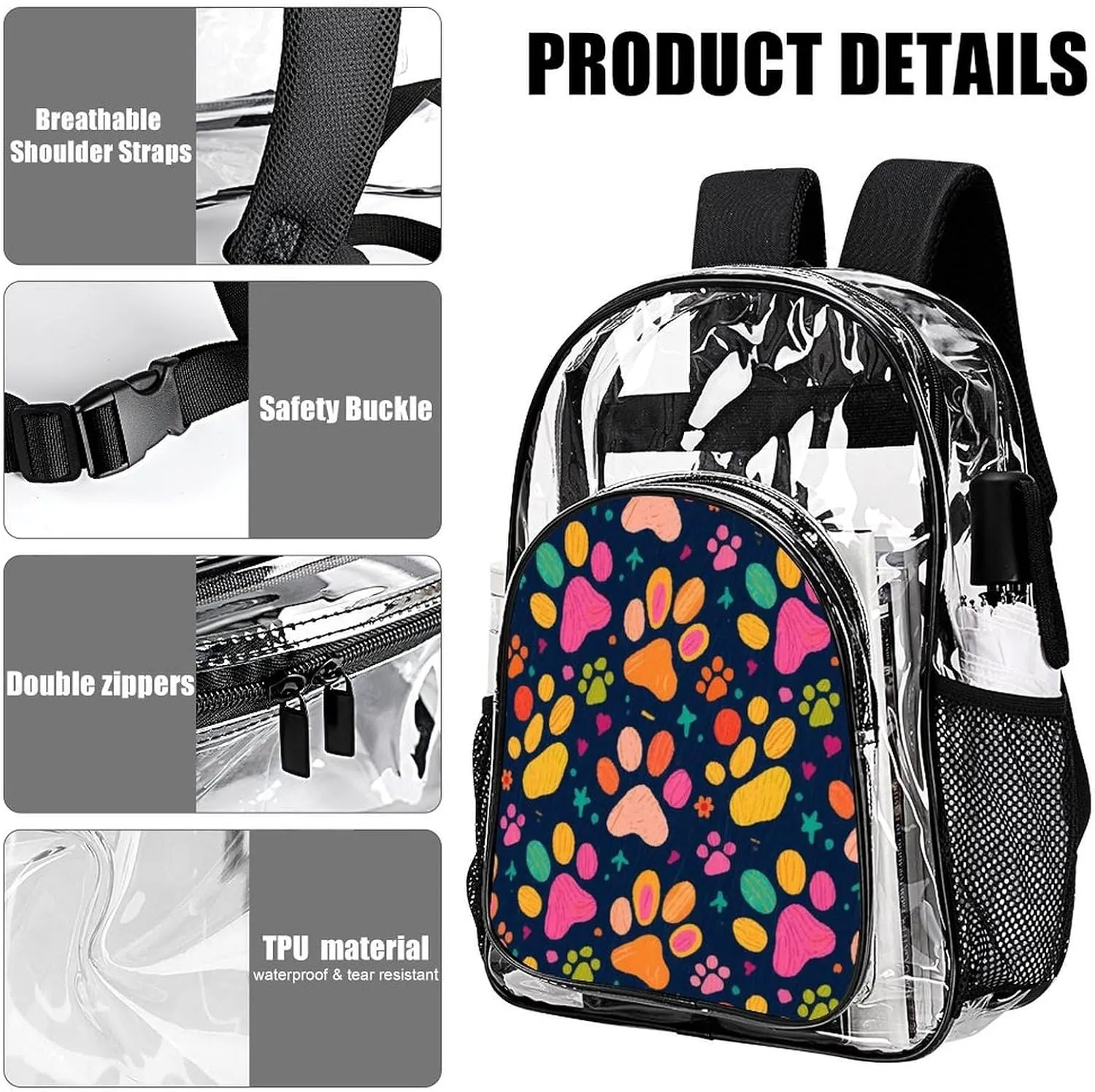 Supdreamc Men Women Lightweight Colorful Dog Bones Paw Prints Daypack Bookbag Big Capacity Carry On Bag Transparent Bag for Camping Travel Bicycle