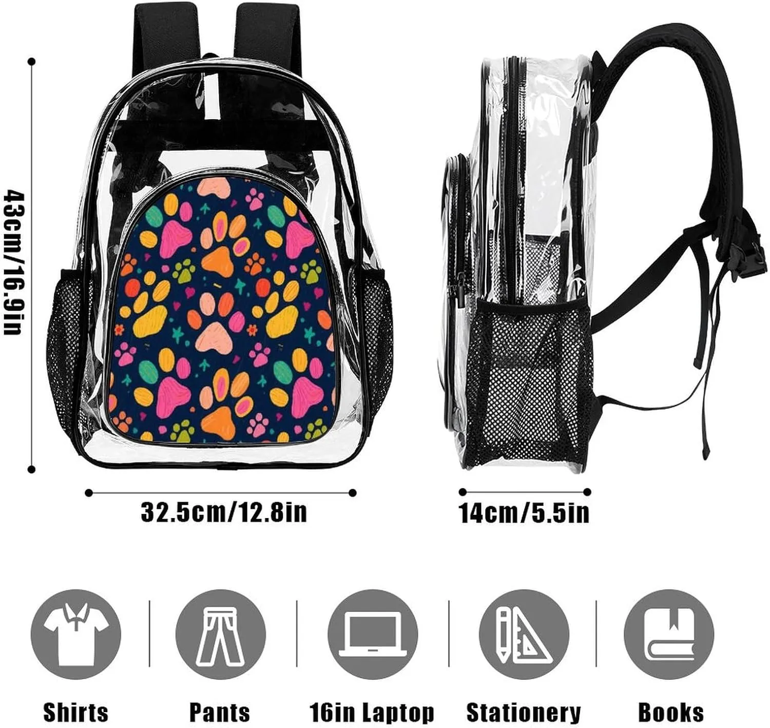 Supdreamc Men Women Lightweight Colorful Dog Bones Paw Prints Daypack Bookbag Big Capacity Carry On Bag Transparent Bag for Camping Travel Bicycle