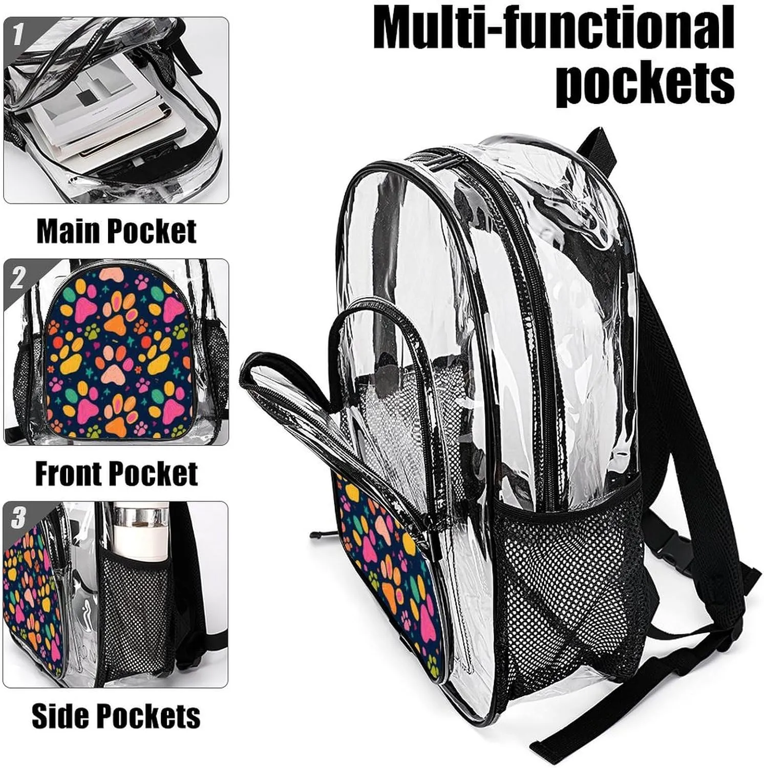 Supdreamc Men Women Lightweight Colorful Dog Bones Paw Prints Daypack Bookbag Big Capacity Carry On Bag Transparent Bag for Camping Travel Bicycle