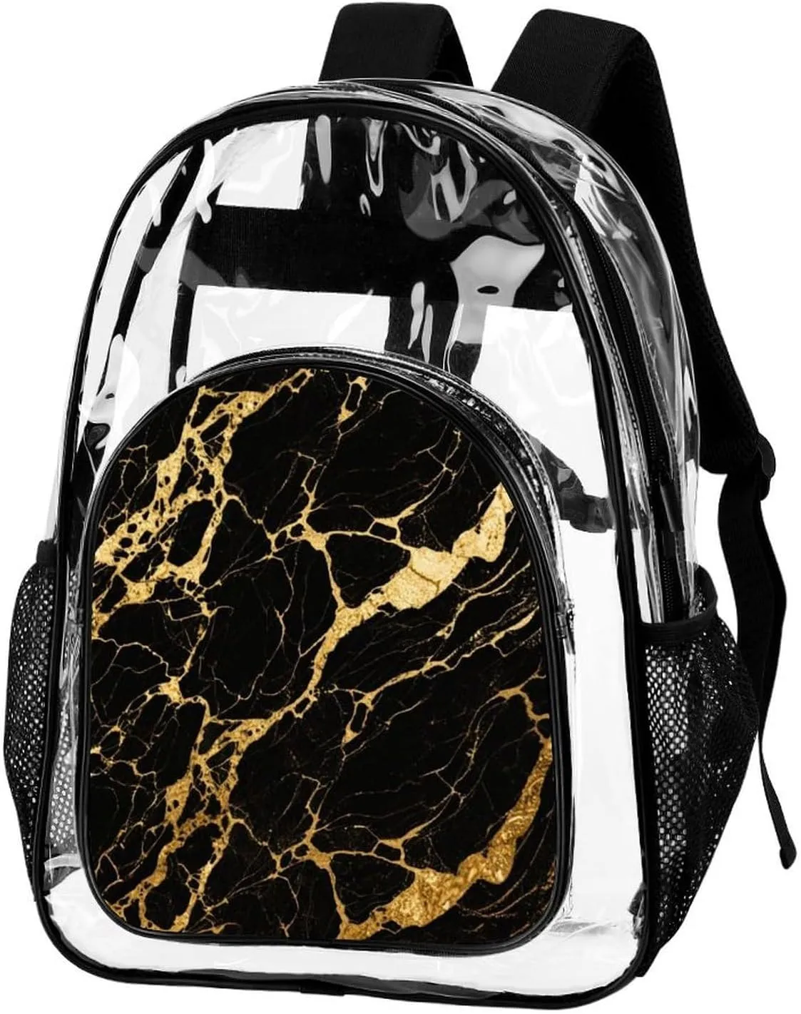 Supdreamc Men Women Transparent Black Marble Gold Texture Art Daypack Big Capacity Shoulder Bag With Adjustable Shoulder Straps for Camping Travel Walking Cycling