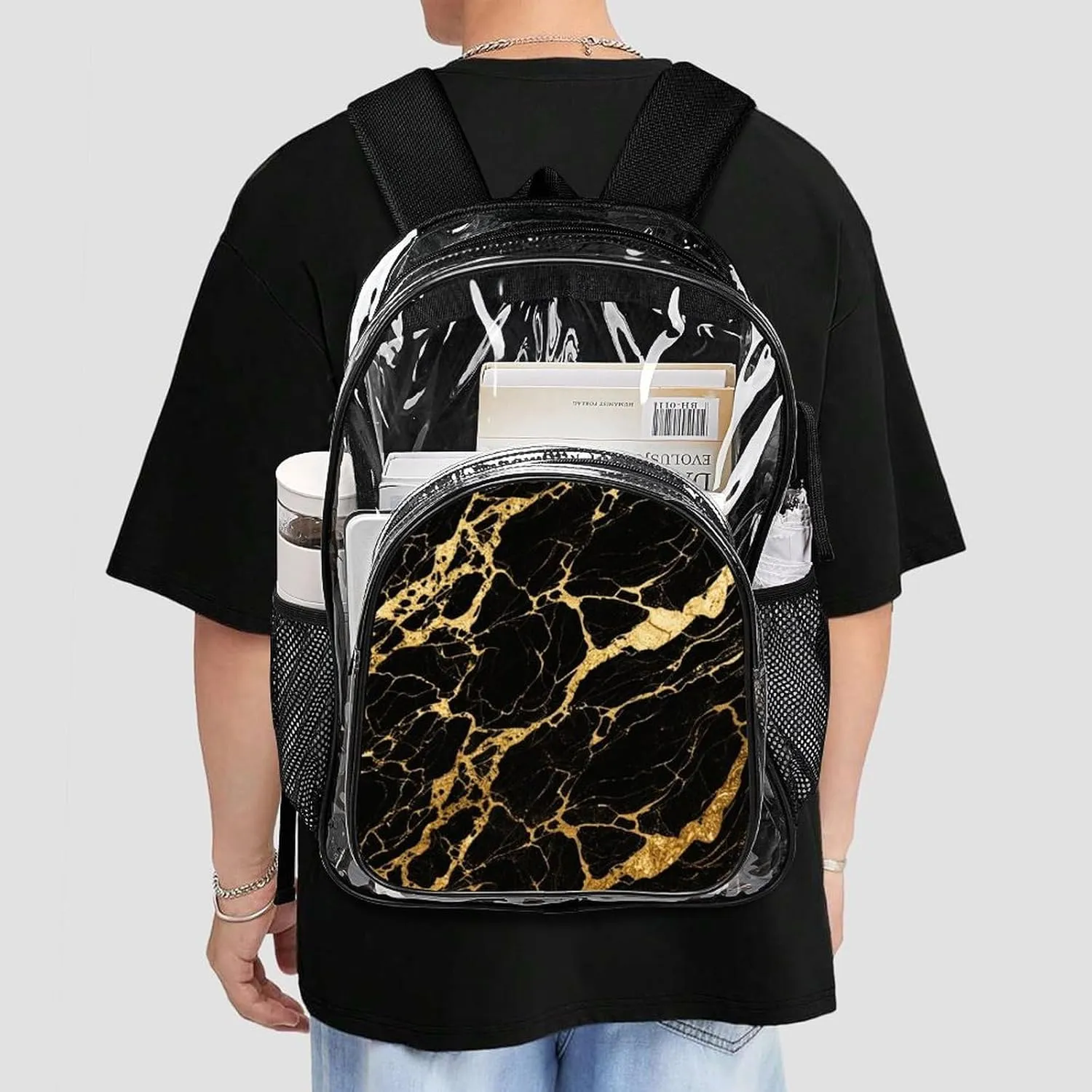 Supdreamc Men Women Transparent Black Marble Gold Texture Art Daypack Big Capacity Shoulder Bag With Adjustable Shoulder Straps for Camping Travel Walking Cycling