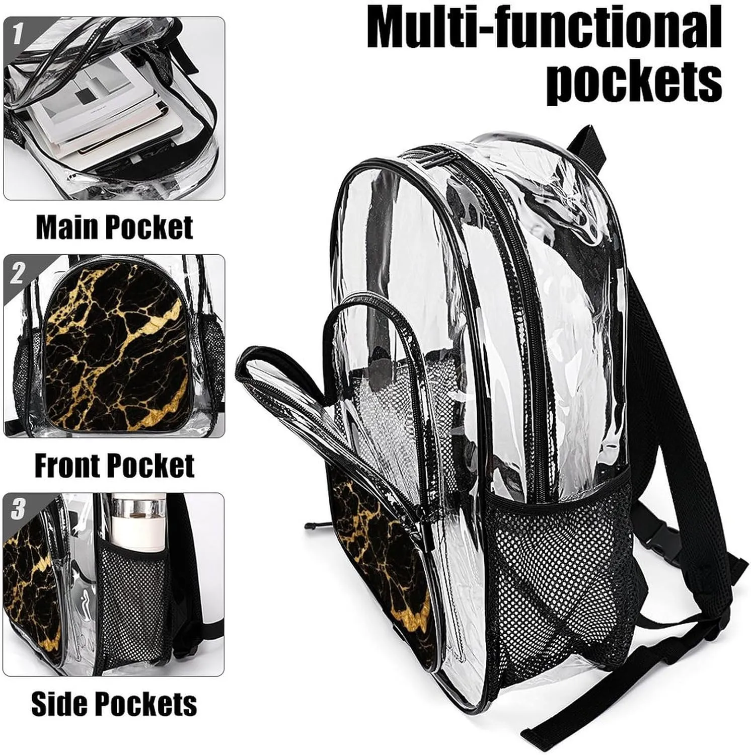 Supdreamc Men Women Transparent Black Marble Gold Texture Art Daypack Big Capacity Shoulder Bag With Adjustable Shoulder Straps for Camping Travel Walking Cycling