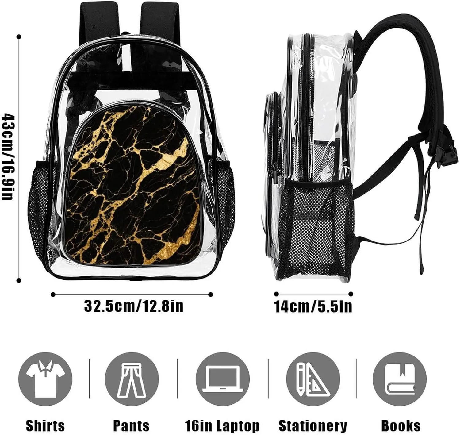 Supdreamc Men Women Transparent Black Marble Gold Texture Art Daypack Big Capacity Shoulder Bag With Adjustable Shoulder Straps for Camping Travel Walking Cycling