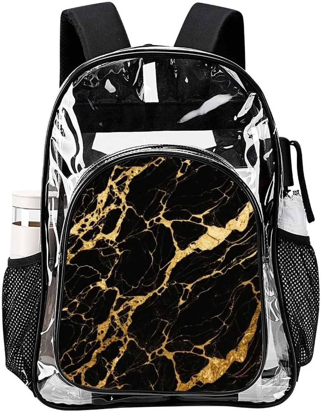 Supdreamc Men Women Transparent Black Marble Gold Texture Art Daypack Big Capacity Shoulder Bag With Adjustable Shoulder Straps for Camping Travel Walking Cycling