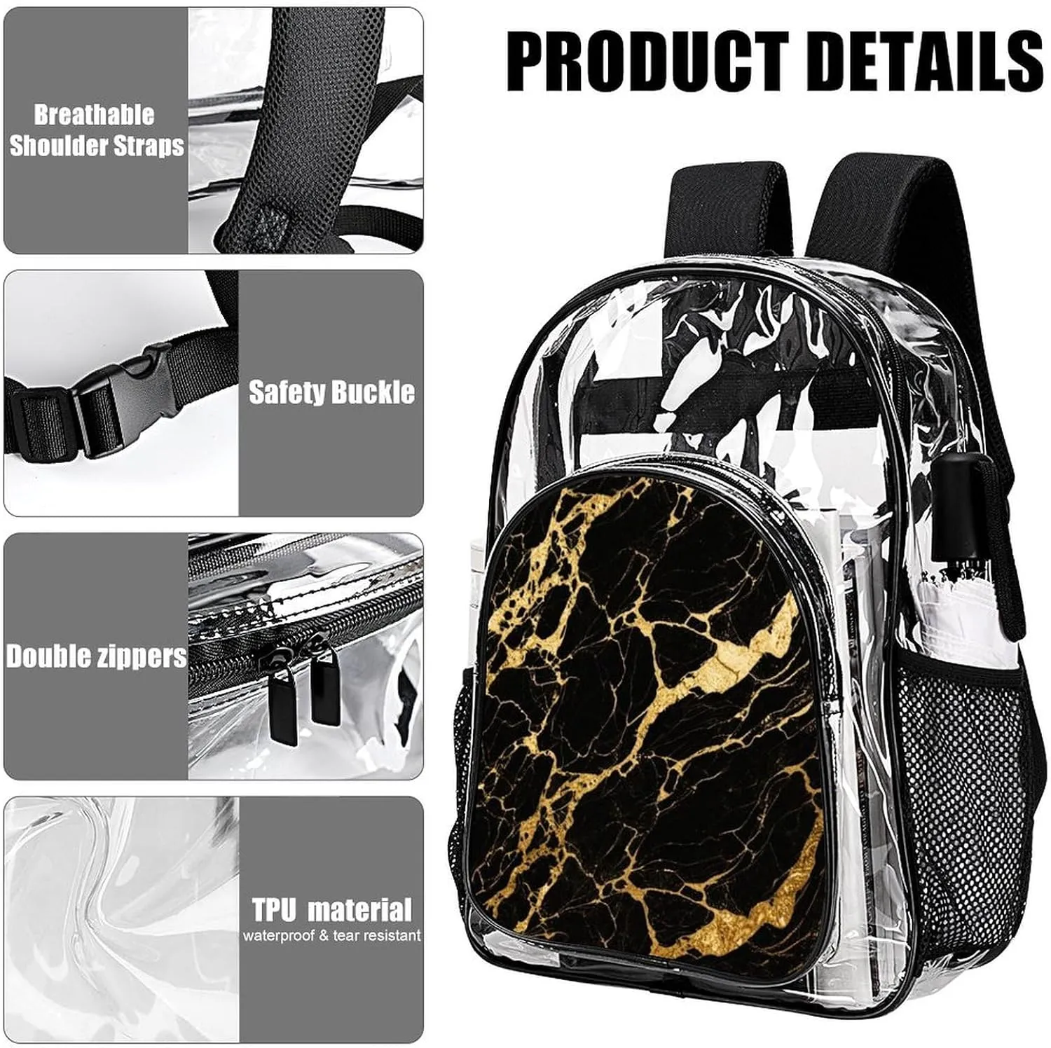 Supdreamc Men Women Transparent Black Marble Gold Texture Art Daypack Big Capacity Shoulder Bag With Adjustable Shoulder Straps for Camping Travel Walking Cycling