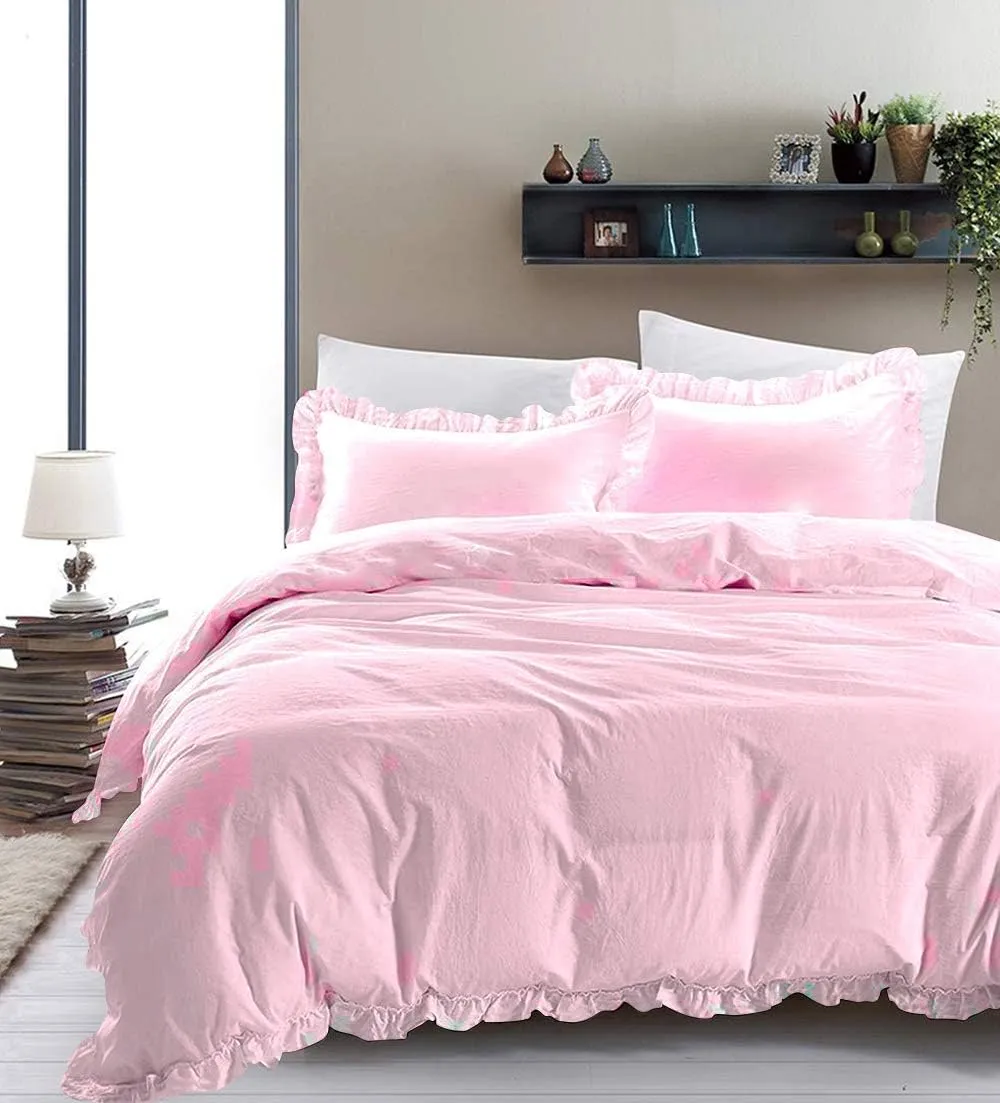 Super Soft 800 TC 3 Piece Baby Pink Edge Ruffle Frilled Full Duvet Cover Set (Duvet Cover   2 Pillowcases) Egyptian Cotton Button Closure Bedding Duvet Cover