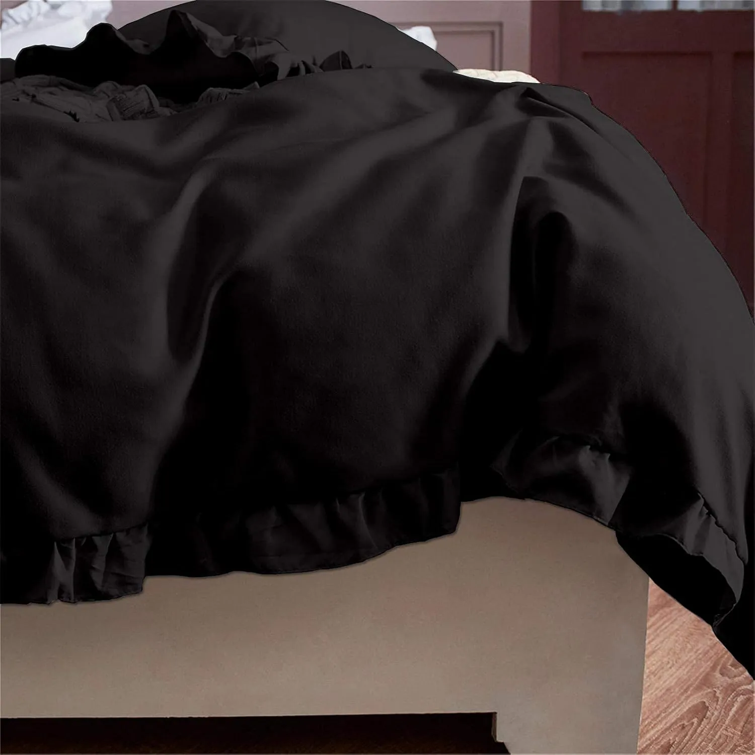 Super Soft 800 TC 3 Piece Black Edge Ruffle Frilled Full Duvet Cover Set (Duvet Cover   2 Pillowcases) Egyptian Cotton Button Closure Bedding Duvet Cover