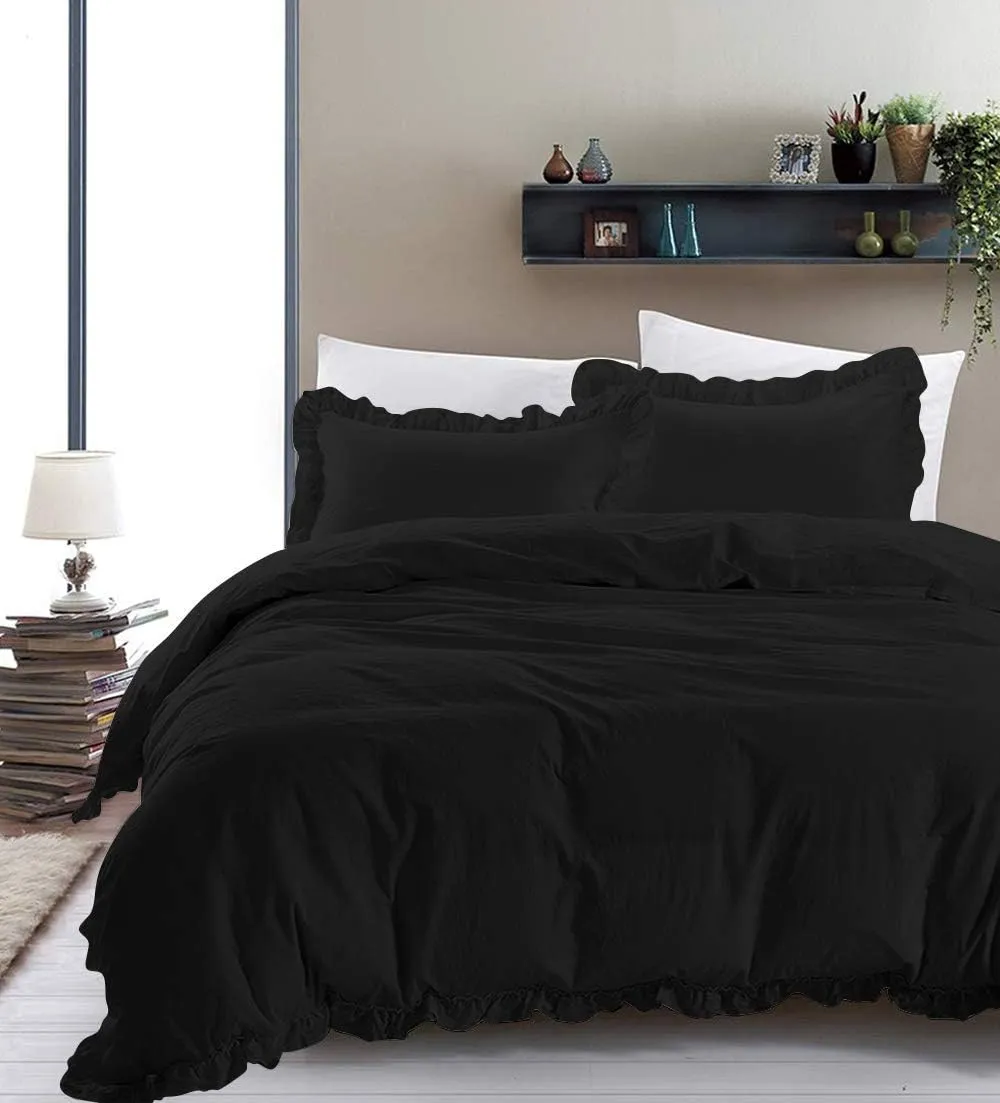 Super Soft 800 TC 3 Piece Black Edge Ruffle Frilled Full Duvet Cover Set (Duvet Cover   2 Pillowcases) Egyptian Cotton Button Closure Bedding Duvet Cover