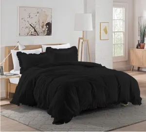 Super Soft 800 TC 3 Piece Black Edge Ruffle Frilled Full Duvet Cover Set (Duvet Cover   2 Pillowcases) Egyptian Cotton Button Closure Bedding Duvet Cover