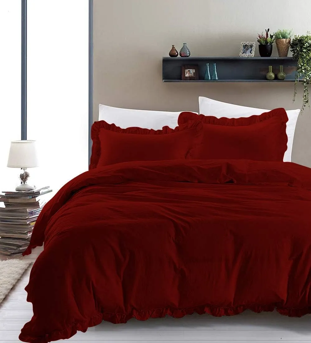 Super Soft 800 TC 3 Piece Burgundy Edge Ruffle Frilled Full Duvet Cover Set (Duvet Cover   2 Pillowcases) Egyptian Cotton Button Closure Bedding Duvet Cover
