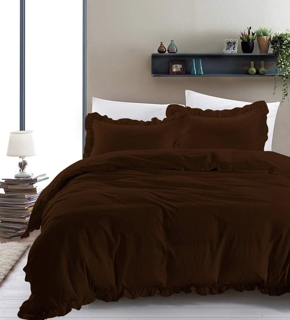 Super Soft 800 TC 3 Piece Chocolate Edge Ruffle Frilled Full Duvet Cover Set (Duvet Cover   2 Pillowcases) Egyptian Cotton Button Closure Bedding Duvet Cover
