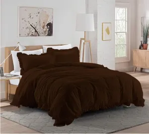 Super Soft 800 TC 3 Piece Chocolate Edge Ruffle Frilled Full Duvet Cover Set (Duvet Cover   2 Pillowcases) Egyptian Cotton Button Closure Bedding Duvet Cover