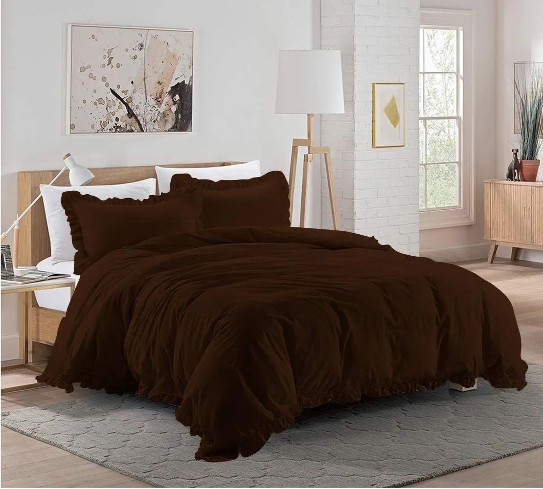 Super Soft 800 TC 3 Piece Chocolate Edge Ruffle Frilled Full Duvet Cover Set (Duvet Cover   2 Pillowcases) Egyptian Cotton Button Closure Bedding Duvet Cover