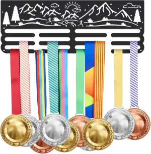 SUPERDANT Running Mountain Forest Medal Holder Sports Medal Hanger Display Black Iron Wall Mounted Hooks Competition Medals Holder Display Wall Hanging Gifts for Runners Athletes