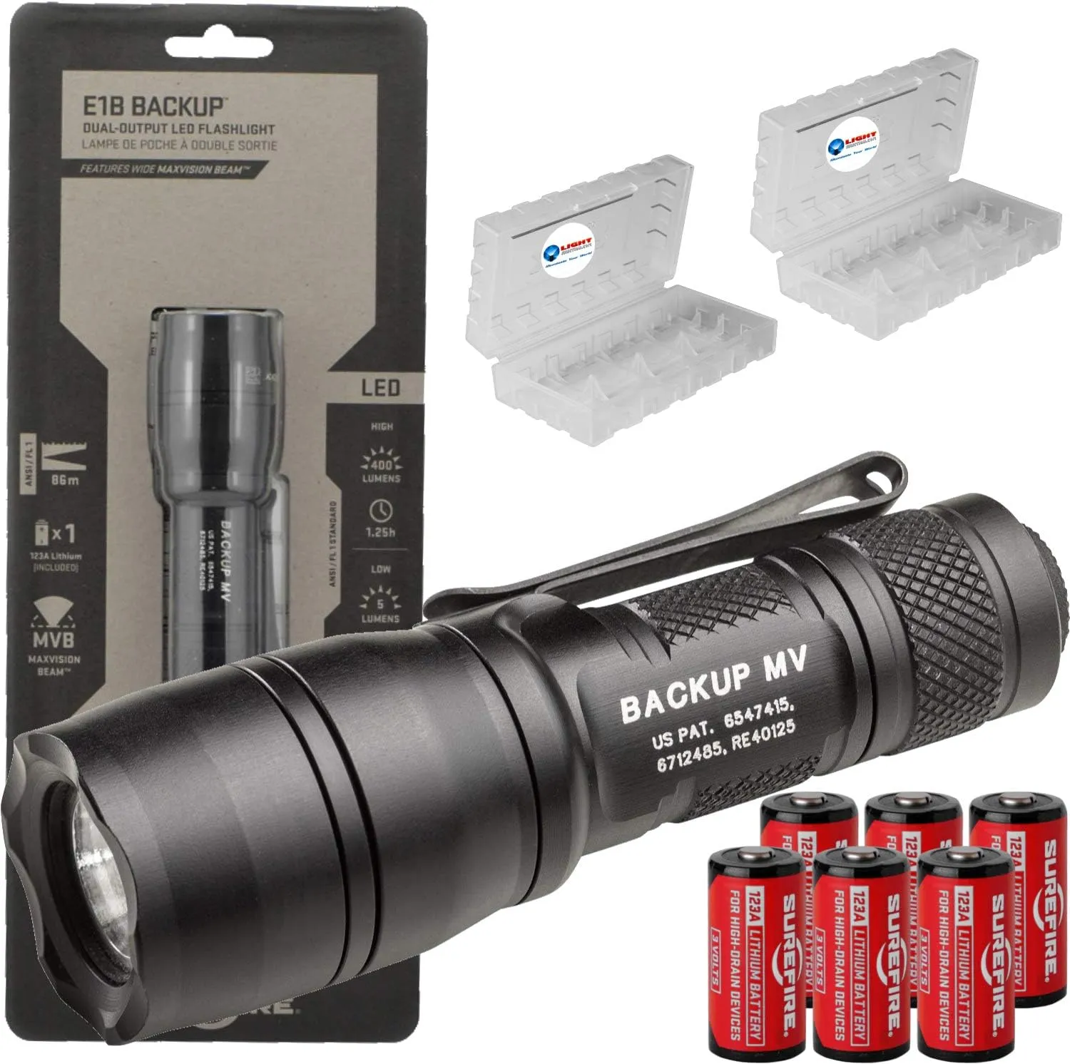 SureFire E1B-MV Backup 400 Lumen Tactical EDC Flashlight Bundle with 6 Extra Surefire CR123A Batteries and 2 Lightjunction Battery Cases
