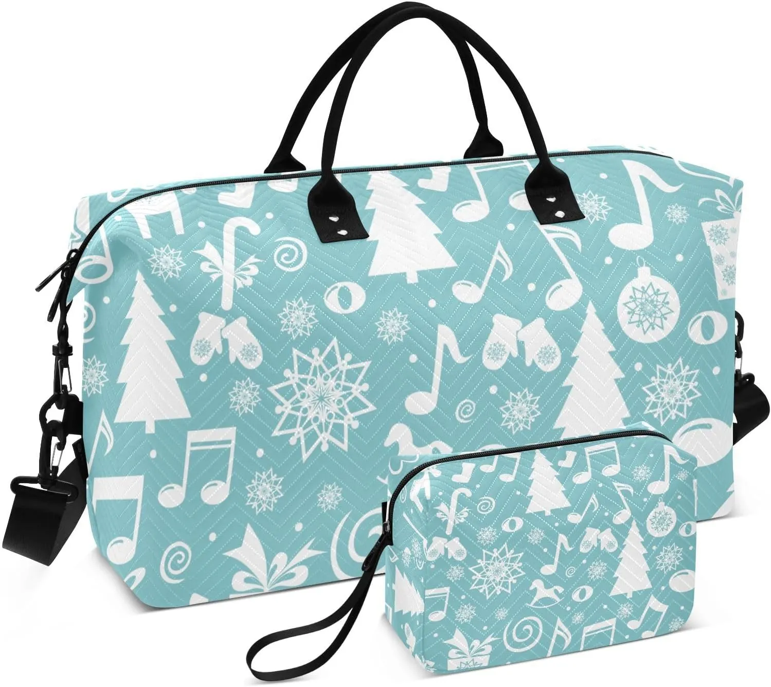 susiyo Merry Christmas Musical Notes Travel Duffel Bags Quilted Gym Bag Weekender Overnight Bags with Small Makeup Pouch