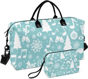 susiyo Merry Christmas Musical Notes Travel Duffel Bags Quilted Gym Bag Weekender Overnight Bags with Small Makeup Pouch