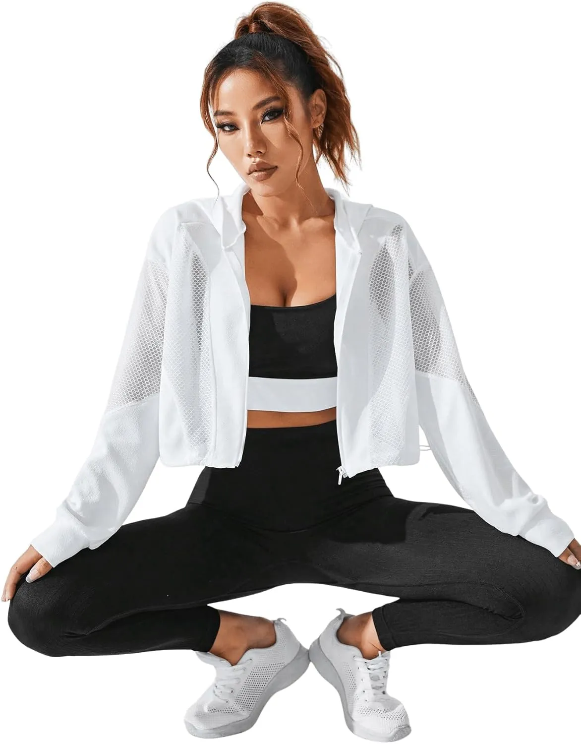SweatyRocks Women's Activewear Long Sleeve Sheer Mesh Hooded Full Zip Sports Track Jacket