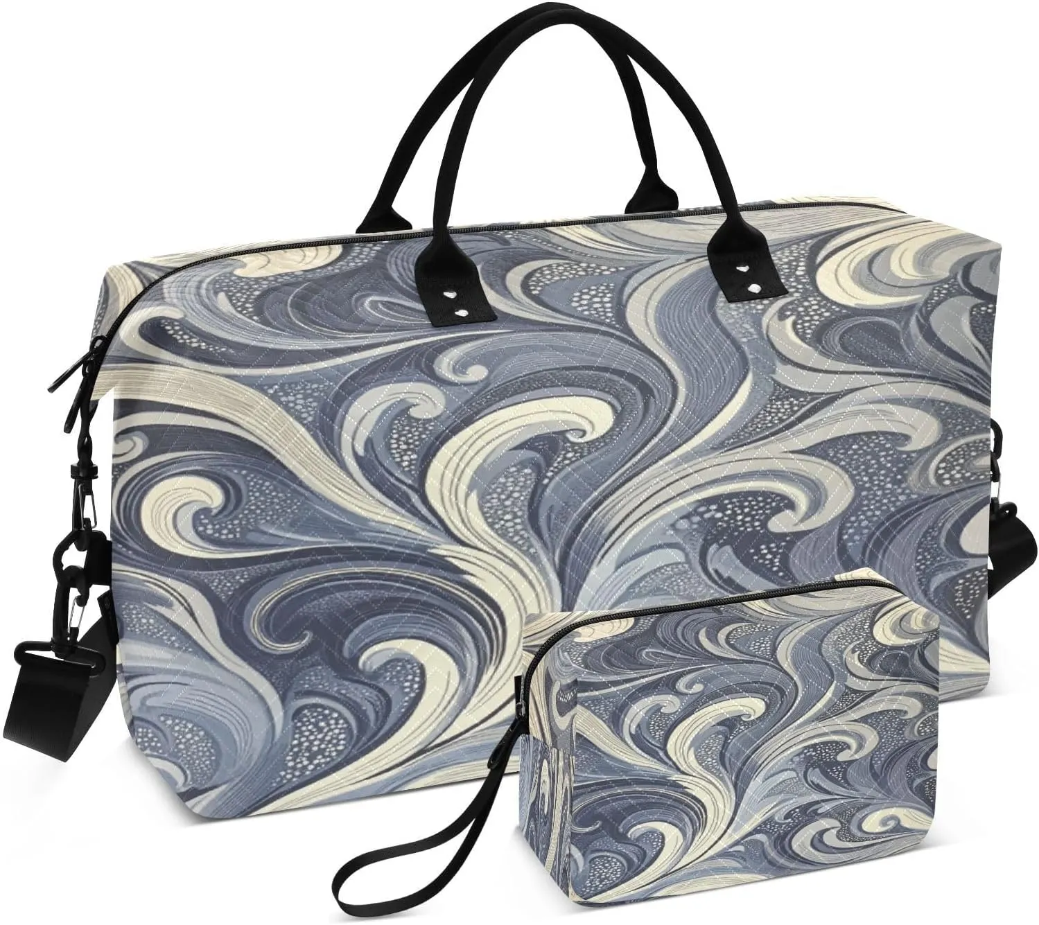 Swirl Flourish Dot Indigo Sports Gym Bag for Women Men Travel Duffel Bag Weekend Overnight Carry on Bag with Toiletry Bag Training Handbag for Plane Hospital Workout Swimming Yoga