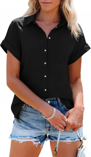 SySea Womens Short Sleeve Striped Shirts Casual Button Down V Neck Work Blouses Tops
