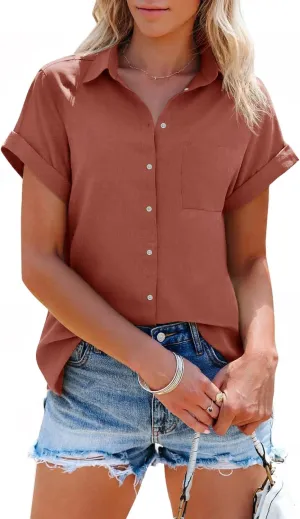 SySea Womens Short Sleeve Striped Shirts Casual Button Down V Neck Work Blouses Tops