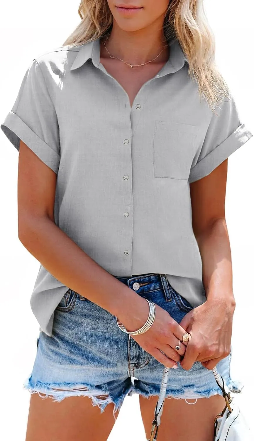 SySea Womens Short Sleeve Striped Shirts Casual Button Down V Neck Work Blouses Tops
