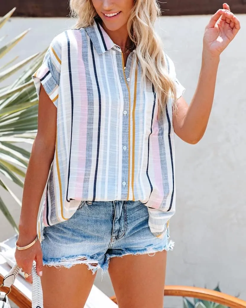SySea Womens Short Sleeve Striped Shirts Casual Button Down V Neck Work Blouses Tops