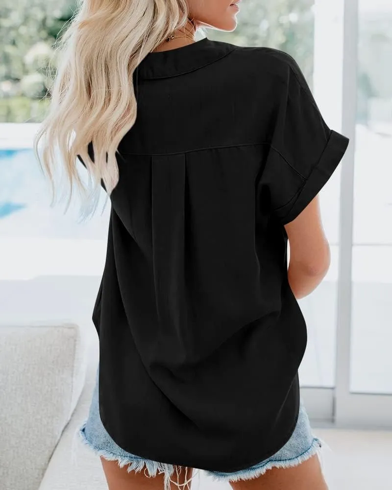 SySea Womens Short Sleeve Striped Shirts Casual Button Down V Neck Work Blouses Tops