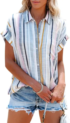 SySea Womens Short Sleeve Striped Shirts Casual Button Down V Neck Work Blouses Tops