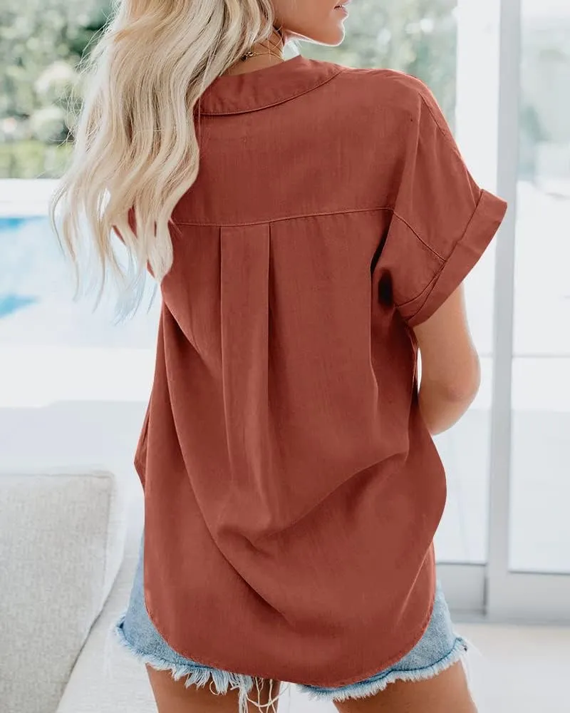 SySea Womens Short Sleeve Striped Shirts Casual Button Down V Neck Work Blouses Tops