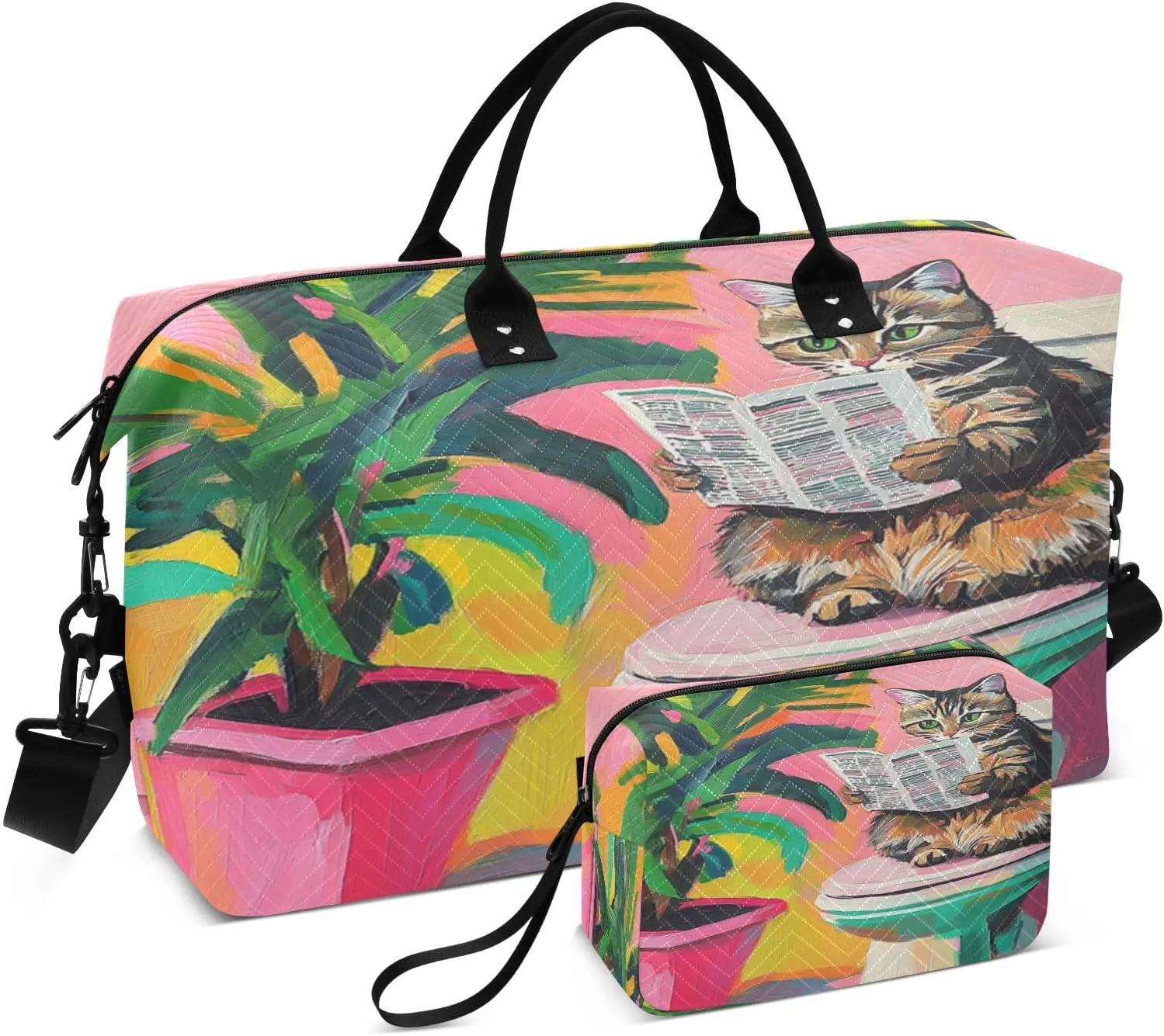 Tabby Cat Reading Newspaper Sports Gym Bag for Women Men Travel Duffel Bag Weekend Overnight Carry on Bag with Toiletry Bag Training Handbag for Swimming Yoga Workout Plane Hospital