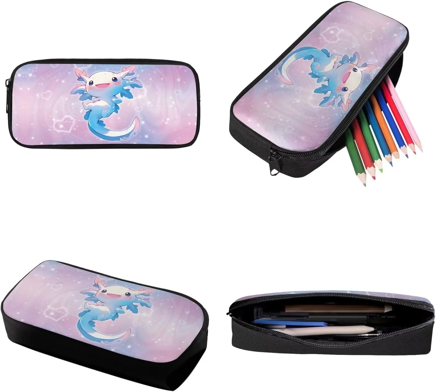 Talayituse Axolotl Heart Star Print School Bag Bookbag for Primary Junior School Student 3 PCS Backpack Set with Lunch Box Pencil Case for Teens Girls Kids
