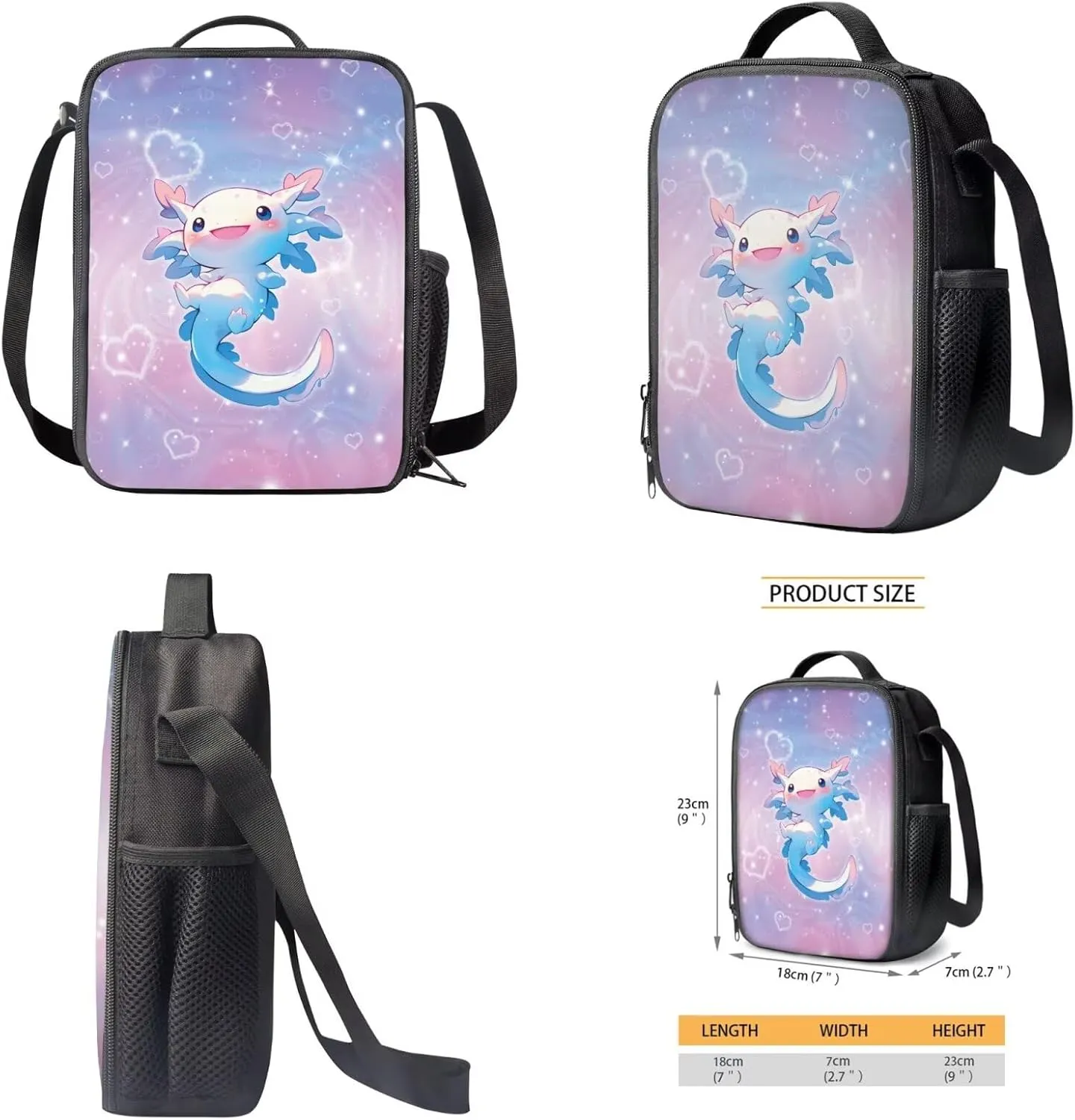 Talayituse Axolotl Heart Star Print School Bag Bookbag for Primary Junior School Student 3 PCS Backpack Set with Lunch Box Pencil Case for Teens Girls Kids