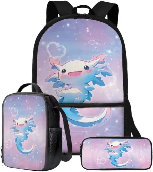 Talayituse Axolotl Heart Star Print School Bag Bookbag for Primary Junior School Student 3 PCS Backpack Set with Lunch Box Pencil Case for Teens Girls Kids